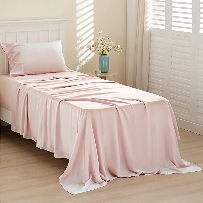 Bedsure Cooling Sheets Twin, Rayon Derived from Bamboo, Breathable & Soft Twin Sheets Set, Deep Pocket Up to 16 Inches, Hotel Luxury Silky Bedding for Hot Sleepers, Pink