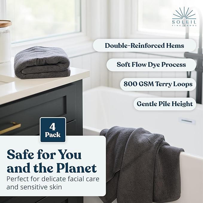 Soleil Fine Goods Luxurious 800 GSM 100% Cotton Bath Towel Set (4-Pack, 27x54) - Heavyweight & Ultra Absorbent, Plush Softness for Bathroom | Hotel & Spa Quality Luxury Towels- Steel