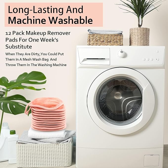 HOMEXCEL Makeup Remover Cloth 12 Pack, Reusable Makeup Remover Pads, Washable Ultra Soft Facial Cleansing Cloths For All Skin Types, 5 X 5 In, Pink