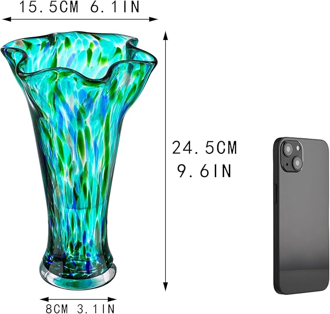 Green Blown Glass Vase for Flowers, 9.6" Teal Vase for Home Decor, Modern Art Flower Vases Decorative Table Centerpiece, Wedding, Living Room, Bookshelf, Entryway, Gift for Women Mom