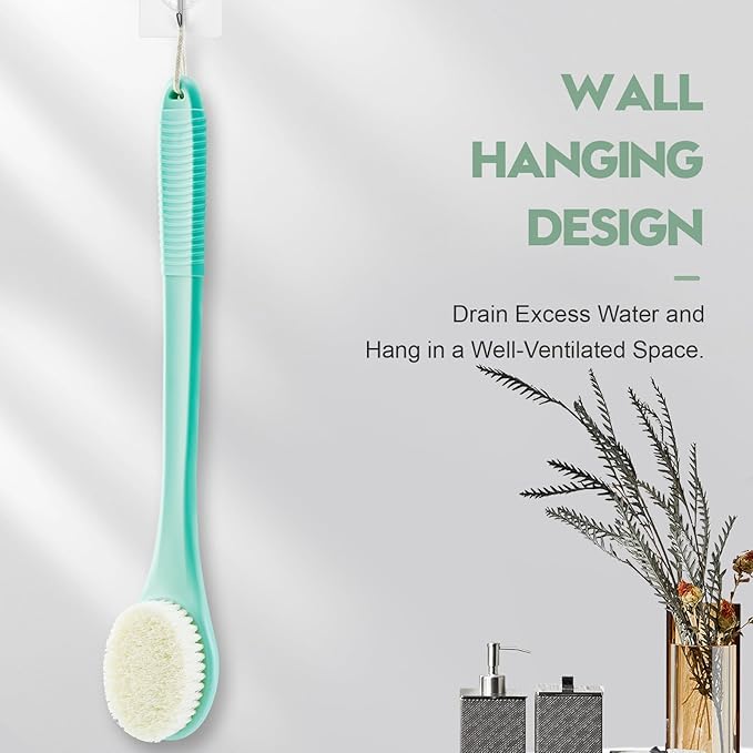 Back Scrubber for Shower, Shower Body Brush for Cleaning with Long Handle for Showering, 17 Inch Back Washer Exfoliator for Shower Men Women with Non-Slip Handle, Adhesive Hook (Celadon Green)