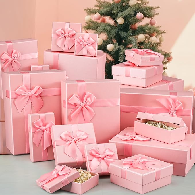 Tenceur 10 Pcs Gift Boxes with Lids Heavy Duty Nested Assorted Sizes Cardboard Gift Boxes for Presents with Ribbon for Xmas Holiday Present(Pink,5 Size)
