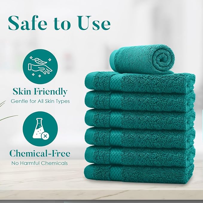 DAN RIVER 12-Pack Premium 100% Cotton Teal Face Towels – Reusable Face Towel Set, Soft & Absorbent Face Cloths for Bathroom & Body – Hand and Face Towels, 550 GSM (12x12 in)