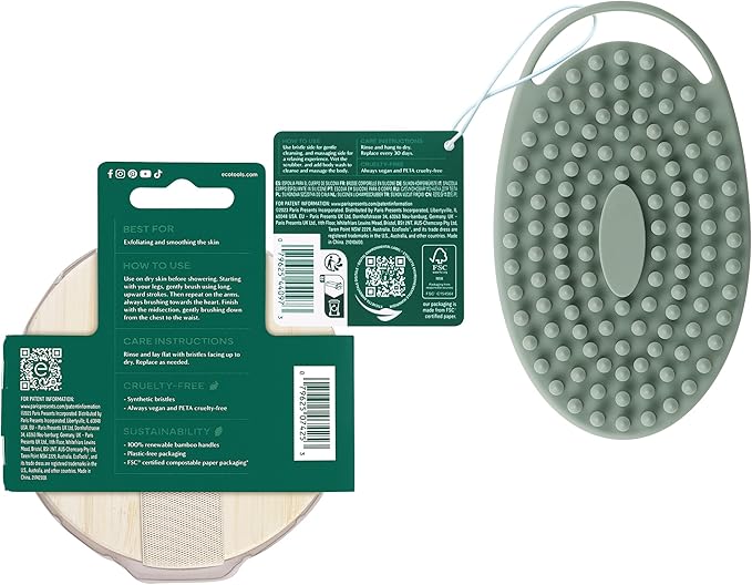EcoTools Dry Body Brush for Circulation, Dead Skin Removal + Sage Green Silicone Body Scrubber & Massager for Exfoliating, Cleansing & Circulation, Self-Care Gifts