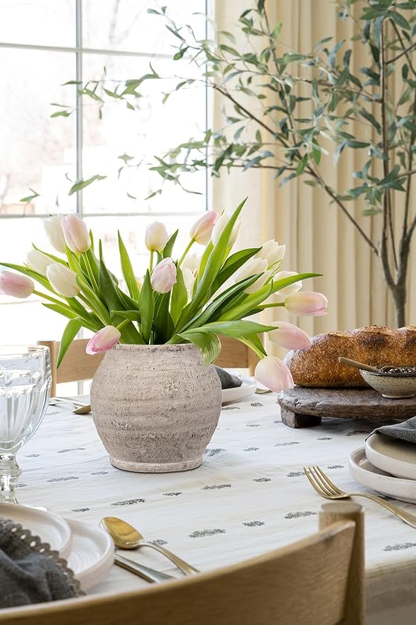 Briful 6.1'' Large Ceramic Rustic Vase Shabby Vintage Textured Vase, 4.72'' Wide Mouth Pampas Jar Vases Pottery for Fake Flowers Branches, Farmhouse Home Décor, Weddings Shelf Table Decor, Cream White