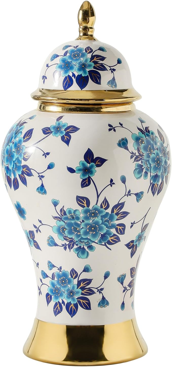 Ginger Jars for Home Decor, White and Gold Vase, Porcelain Ginger Jar Chinoiserie Blue and White Vase with Gold Trim and Floral Pattern, Ceramic Flower Vase for Home, Temple and Storage Jars(18in)