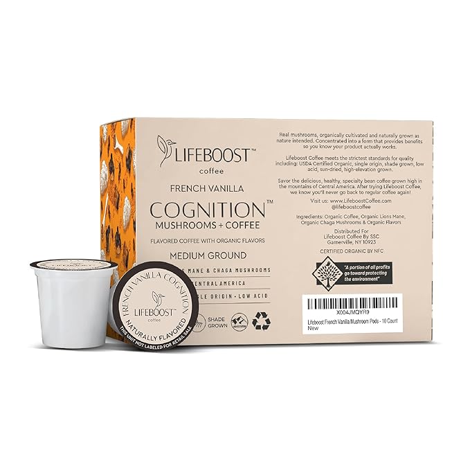 Lifeboost French Vanilla Cognition Mushroom Coffee Pods - Low Acid Organic K-Cups with Lion’s Mane & Chaga Nootropic Mushrooms for Focus, Energy & Immune Support - 10 Count