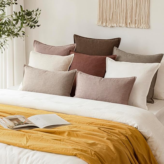 Foindtower Set of 2, Decorative Linen Soild Throw Pillow Covers Soft Accent Cushion Euro Case Boho Farmhouse Pillowcase for Chair Couch Sofa Bedroom Living Room Home Decor 26 x 26 Inch Natural Linen