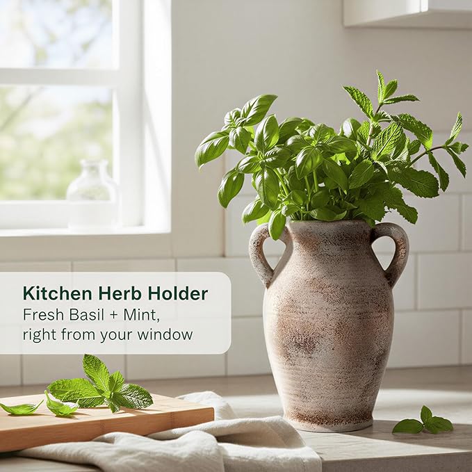 8.1-Inch Terracotta Ceramic Flower Vase with Handles, Rustic Farmhouse Boho Pottery Centerpiece for Table, Living Room & Shelf