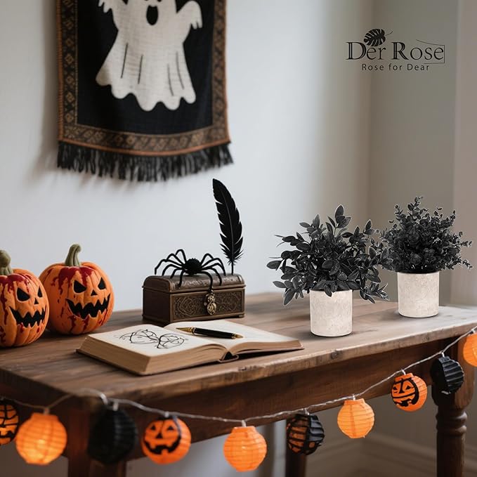 Der Rose 3 Pack Black Fake Plants Artificial Eucalyptus Plants Topiaries for Halloween Decorations Bathroom Accessories Home Office Desk Farmhouse Room Table Shelf Decor(Black)