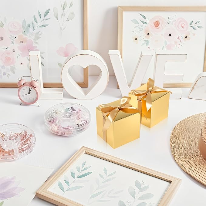 48 Pcs Christmas Gift Boxes with Ribbon Small Party Favor Boxes with Lids Mini Treat Candy Container for Wedding, Party, Birthday, Valentine's Day and More(Gold,2 Inch)
