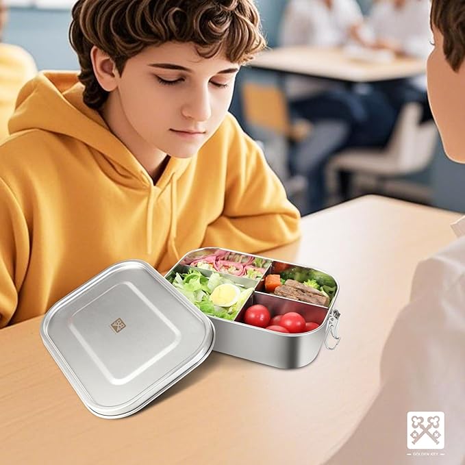 GOLDEN KEY 40QZ Stainless Steel Bento Box for Kids, 1200ml Metal Lunch Box for Kids or Adults,Stainless Steel Food Storage Containers with Lids and Lockable Clips for Travel, Work