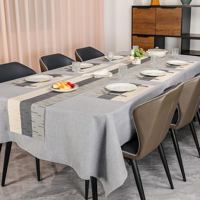 Placemats Set of 8, Vinyl Woven Place Mats Indoor Set of 8 Washable Wipeable PVC Table Mats Heat-Resistant Non Slip Placemat for Kitchen Dining Outdoor Table (Beige Dark Gray, Set of 8)