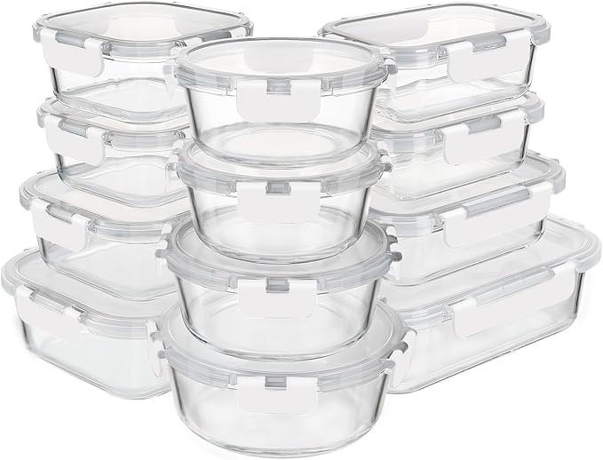 KAMOTA Glass Food Storage Containers, White Glass Meal Prep Containers, Airtight Containers with Snap-Lock Lids, Set of 12, for Microwave/Oven/Freezer/Dishwasher