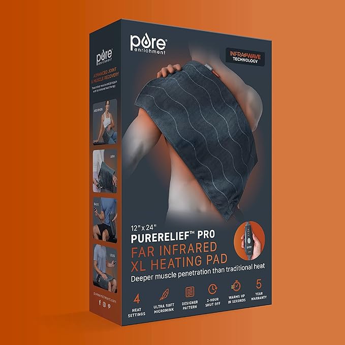 Pure Enrichment PureRelief Pro Far Infrared XL Heating Pad - Muscle Relief for Back, Neck, Shoulder, & Knee Pain in Athletes, 4 Heat Settings, Dry/Moist Heat, 12” x 24” Extra-Long Size (Iron Gray)