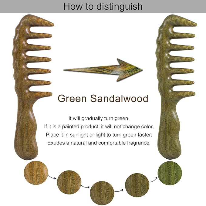 Thicken Wooden Wide Tooth Comb, Large Natural Sandalwood Hair Combs for Curls, Women and Men, Detangles Long Thick Wet or Dry Hair, Head Scalp Massager, Anti-static (Green Sandalwood)