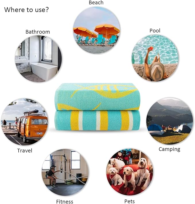 CASA COPENHAGEN Miami Bath Towels Designed in Denmark Rough and Tough, Quick Dry, for Pool, Bath & Shower 30"x60", 2 Pieces Cotton Beach Towels Set - Fish Teal + Yellow Stripe