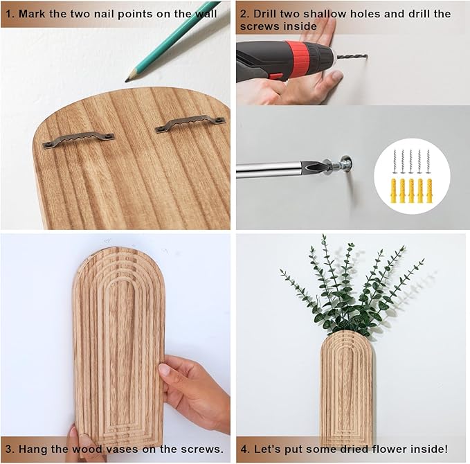 Wooden Wall Planter Vase Set of 2, Boho Hanging Planter for Indoor Plants & Flowers, Natural Wood Wall-Mounted Planters for Art Home Decor - Living Room, Bedroom, Bathroom, Patio (Natural Wood)