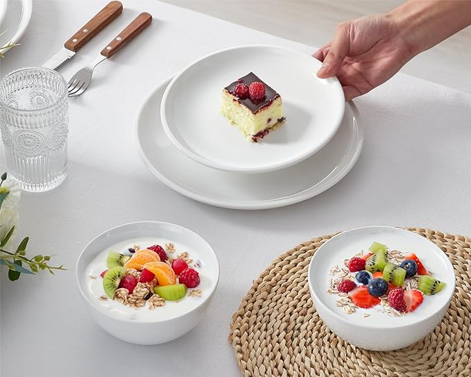 ONEMORE Plates and Bowls Set for 4 - Microwave & Dishwasher Safe Porcelain Dinnerware Set Service for 4 - Ceramic Dishes Set(12 Pcs) - White