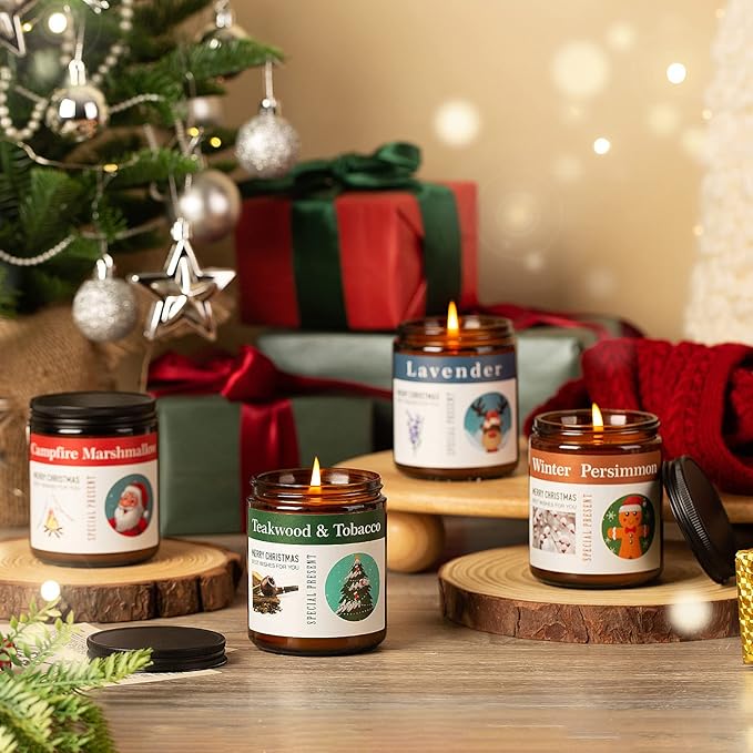 4-Pack Christmas Candles for Home Scented,7.1 oz Soy Wax Holiday Gifts Set with Festive Stickers - Kaki Persimmon, Lavender, Teakwood Tobacco, Bonfire Marshmallow for Home Decor, Aromatherapy