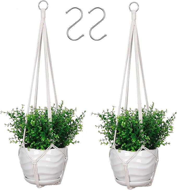 YIBOT Macrame Plant Hanger Indoor Set of 2 with 2 S Hooks, Indoor Outdoor Hanging Planter for Plants Holder with Decorative No Tassels, Boho Home Decor, 35 Inch, Ivory (Pots Not Included)