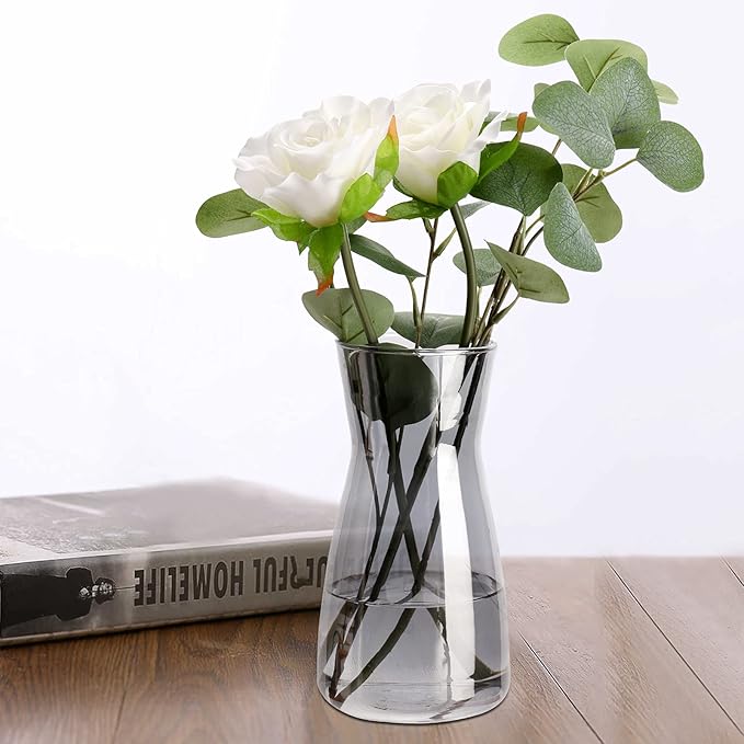 Glass Vases for Flowers, 8 Inch Tall Ins Modern Gray Crystal Clear Glass Vases for Centerpieces Home Desk Decoration, Decorative Glass Table Vase for Birthday Wedding Housewarming Gift
