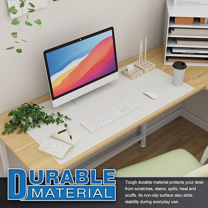K KNODEL Large Office Leather Desk Mat, Mouse and Keyboard Pad, Computer and Laptop Mat, Desktop Protector and Cover, Writing Pad and Blotter (35.4"x17", White)