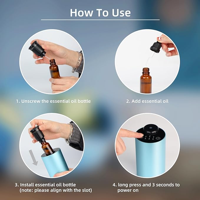 Waterless Essential Oil Diffuser Battery Operated Cordless Aromatherapy Diffuser with Timing & 3 Mist Levels car Diffuser, Aluminum Alloy