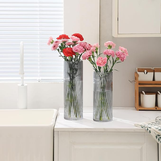 Black Glass Vase, Glass Flower Vase, Ribbed Glass Vase, Black Vase, Tall Cylinder Glass Vases for Centerpieces, Living Room, Bedroom, Dining Table, Office, Wedding, Bookshelf, 12 Inches