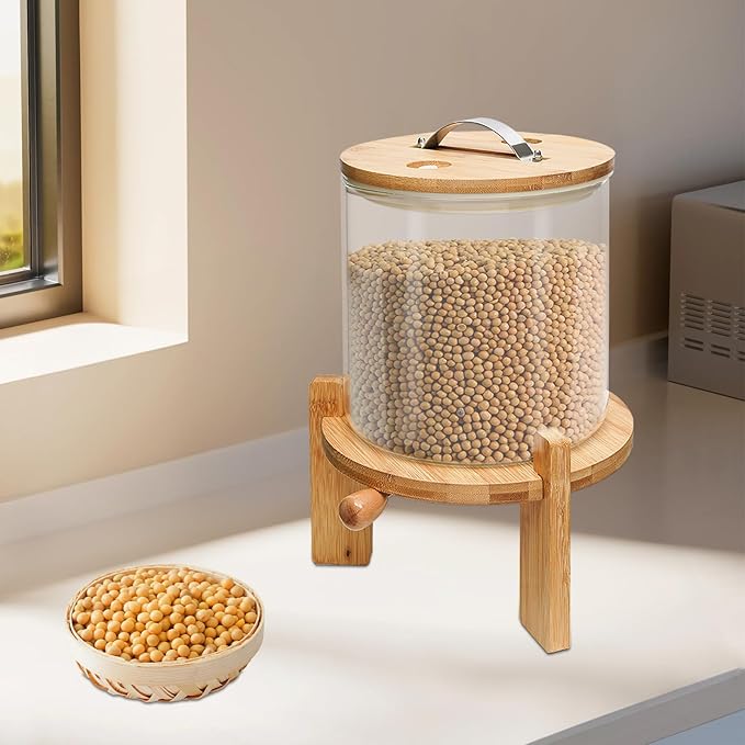 5L Cereal Dispenser, Clear Glass Grain Storage Container, Dry Food Dispenser, Rice Bin Organizer with Graduated Measuring Cup for Home Kitchen Breakfast Market