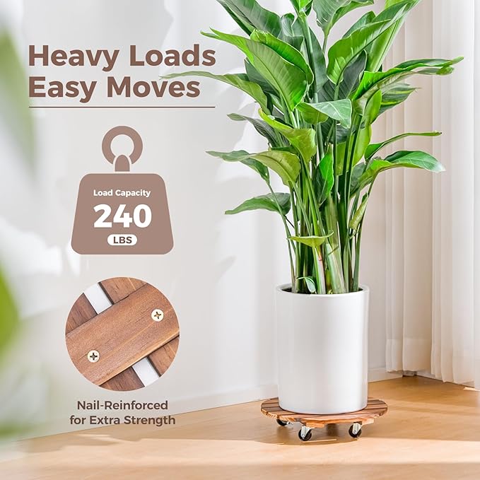 Bamworld14 Inch Wood Plant Caddy with Wheels – Heavy-Duty Plant Dolly with 240 Lbs Capacity, 360° Lockable Wheels for Large Plant Pots, Heavy Objects, Ideal for Indoor and Outdoor Use 2-Pack