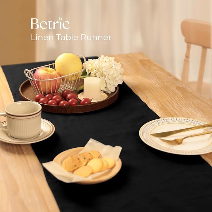 Small Coffee Farmhouse Table Runner for Fall, Thanksgiving, Christmas, and Winter - Athena - 100% Pure Linen - 14 x 48 Inches - Black