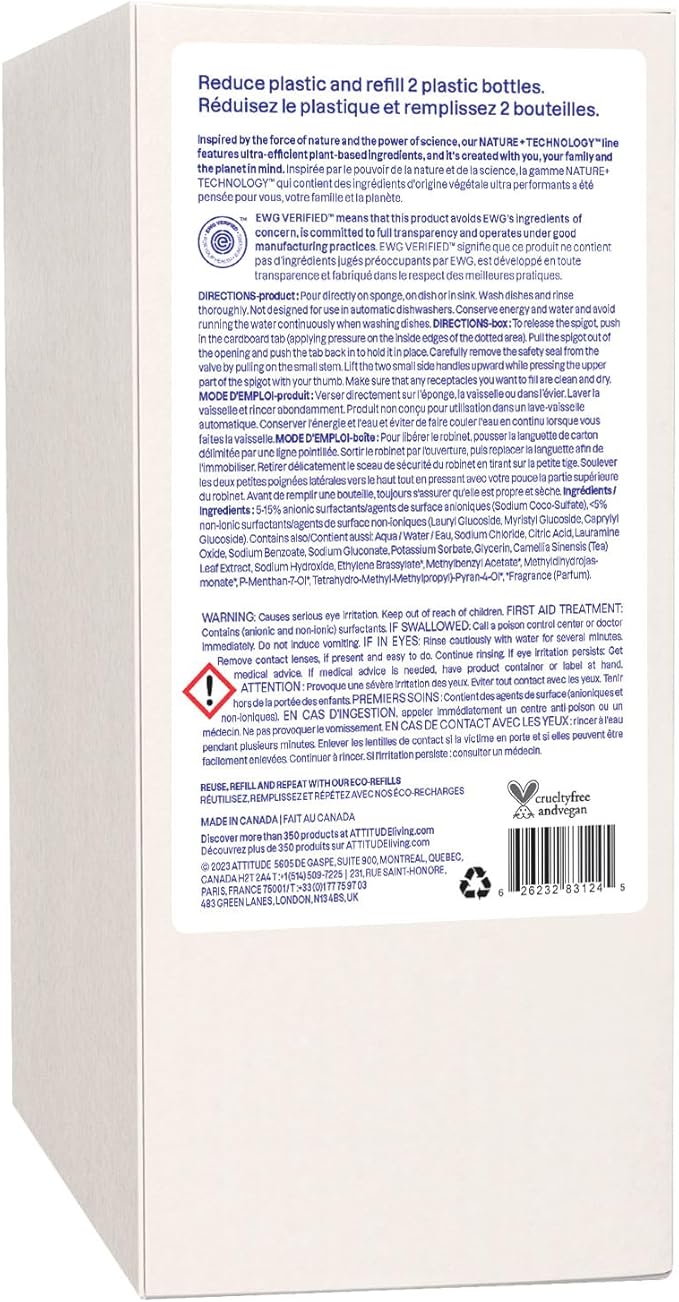 ATTITUDE Dish Soap Refill, EWG Verified, Plant-Based & Vegan Dishwashing Liquid, Naturally Derived, Green Apple & Basil Scent, 67.6 Fl Oz