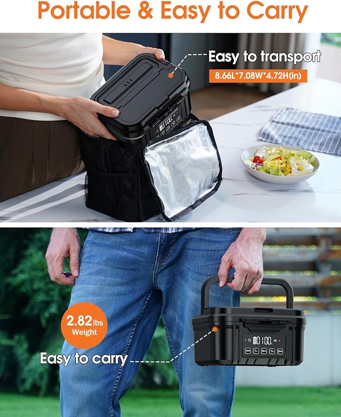 Cordless Electric Lunch Box for Adults – Battery-Powered Heated Lunch Box with 1.2L Stainless Steel Container, Timer Function, and Leak-Proof Food Warmer for Work, Travel & Office