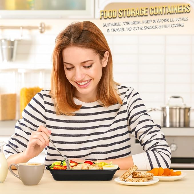 20-Piece (10-Pack) 16 OZ Meal Prep Containers Reusable with Lids, Sturdy Leakproof & Food Safe, Microwave, Freezer, Dishwasher Safe To Go Food Containers, Plastic Take Out Containers, Black