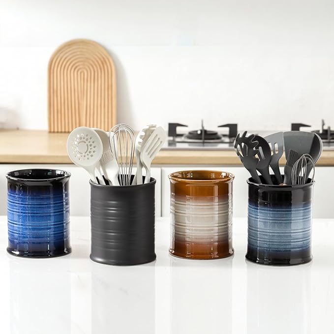 Nihow Kitchen Utensil Holder: 7.2 Inch Extra Large Ceramic Utensil Holder for Countertop - Stable Utensil Crock for Kitchen Counter Decor - Matte Black (1PC)