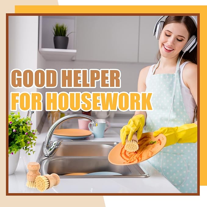 Nuenen 60 Packs Bamboo Dish Scrub Brushes Wooden Scrubbers Set Kitchen Dishwashing Scrubber with Natural Sisal Bristles for Iron Pot Pan Sink