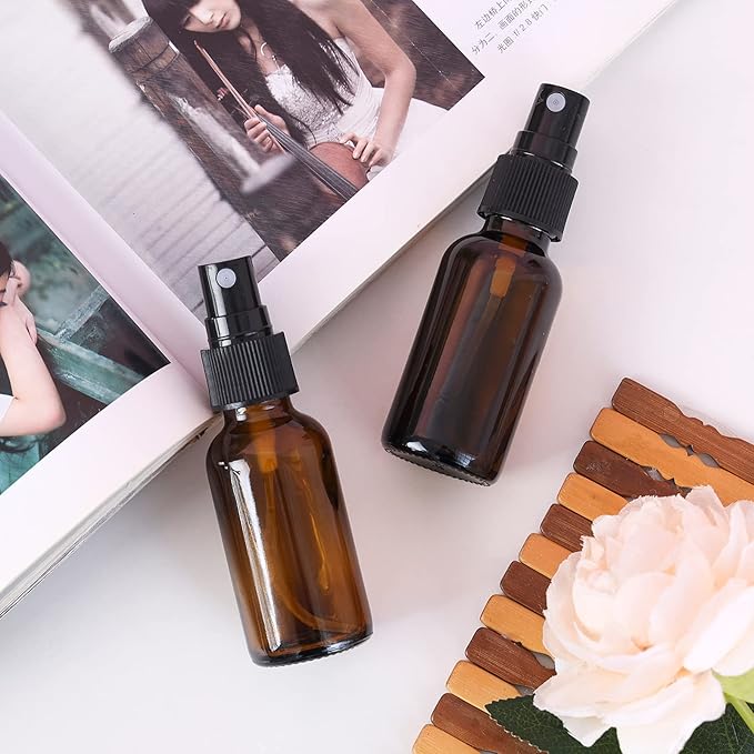 2oz Glass Spray Bottle, Fine Mist Boston Glass Bottles with Black Fine Mist Sprayer Small Clear Bottles for Essential Oils, Bath, Beauty, Hair & Cleaning, Amber, Pack of 12