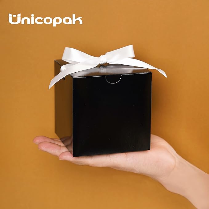 UnicoPak 50 Pack 4x4x4 Black Gift Boxes, Elegant Small Gift Boxes with Lids for Birthday Party Wedding Holiday Christmas, Gift Box for Ornaments Treats Candle Mug Crafting