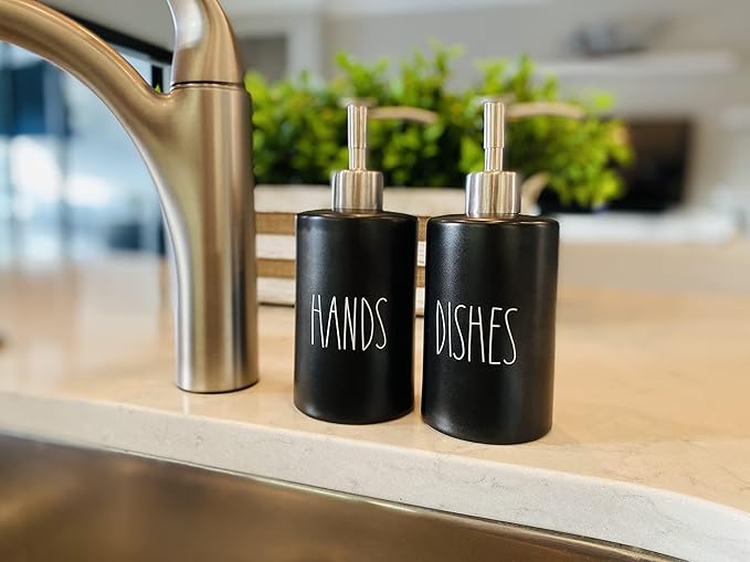 Modern Farmhouse Ceramic Dishes and Hands Soap Dispenser Set for Kitchen | Stainless Steel Pumps | 14oz, Black Bottles | Kitchen Décor for Counter