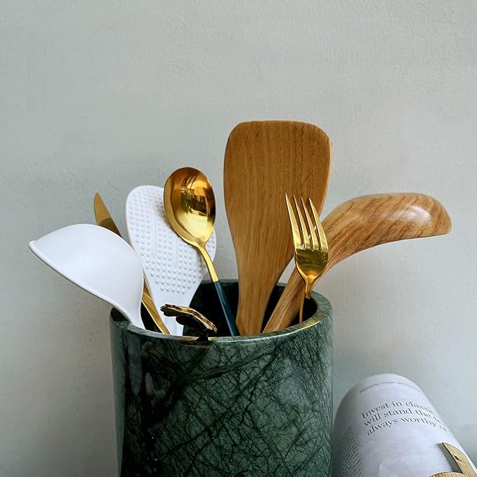 Handmand Natural Marble Stone Vintage Kitchen Utensil Holder - 5.1" D X 6.3" H Kitchen Counter Organizers and Storage Tool Crock (Indian Green)
