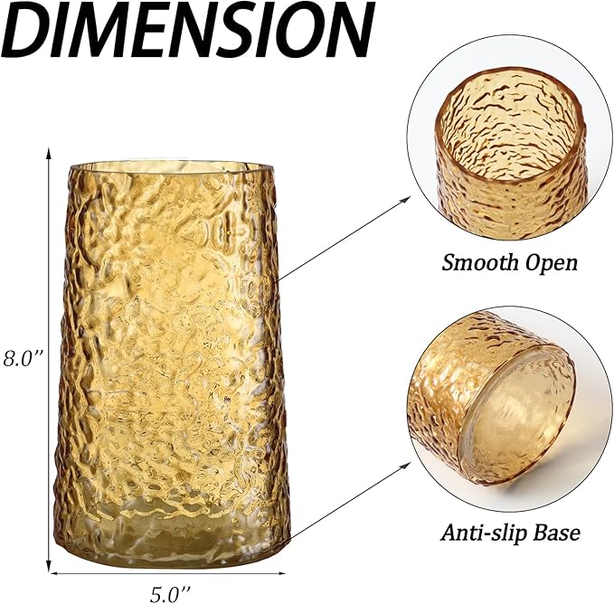 Amber Glass Vase, Flower Vases for Bouquet, Modern Glass Vase for Flowers, Large Vases for Living Room, Bedroom, Kitchen, Office, Wedding, Dining Table, 8 Inches