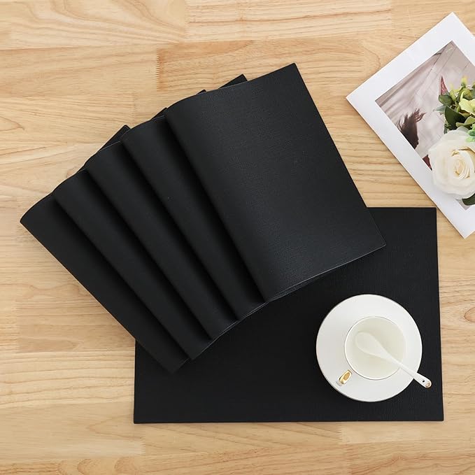 Homaxy Faux Leather Heat Resistant Placemats for Dining Table Set of 6, Waterproof Wipeable Washable PU Table Mats, Easy to Clean Anti-Slip Place Mats, 11.8" x 17", Black