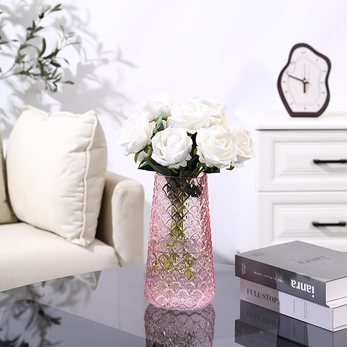 Glass Vase, Pink Flower Vase for Bouquet, Large Glass Vases for Flowers, Modern Vases for Living Room, Bedroom, Dining Table, Office, Kitchen, Wedding, 9 Inches