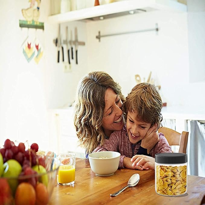 XINGLIAN 16 Oz Clear Plastic Jars with Black Lids Refillable Kitchen Storage Containers for Dry Food, Coffee, Nuts and More, 6 Pack