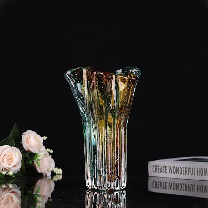 Hand Blown Wide Mouth Petal Glass vase, Colorful Modern Glass Art Home Decoration vase for Family Living Room, Wedding Venue, Dining Table Centerpiece, entryway Tabletop