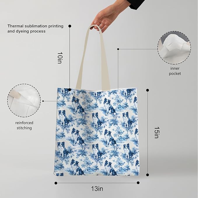 French Country Border Collie Tote Bag, Border Collie Gifts for Women, Blue and White Chinoiserie Dog Canvas Tote Bags for Women, Vintage Dog Reusable Grocery Shopping Bag