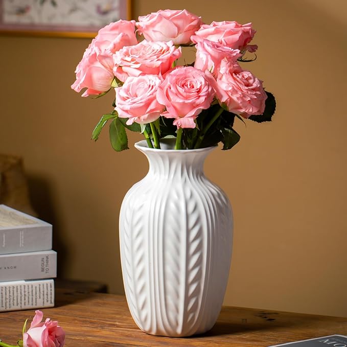 Matte White Ceramic Flower Vase, 10 Inch Unique Wheat Ear Textured Modern Large Vases for Trendy Home Decor Living Room Entryway Shelf Office Rustic Table Centerpiece (Matte White)