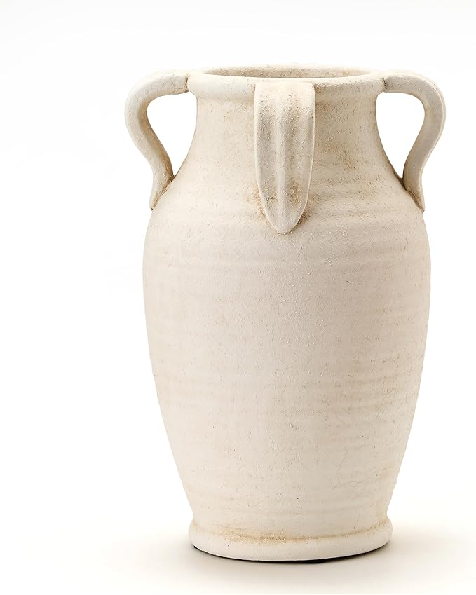 Handmade Ceramic Vase with 4 Handles, 10.83" Tall Farmhouse Rustic Vase, Decorative Pottery Flower Vases for Home Decor, Wedding, Living Room, Table, Shelf Decor, White