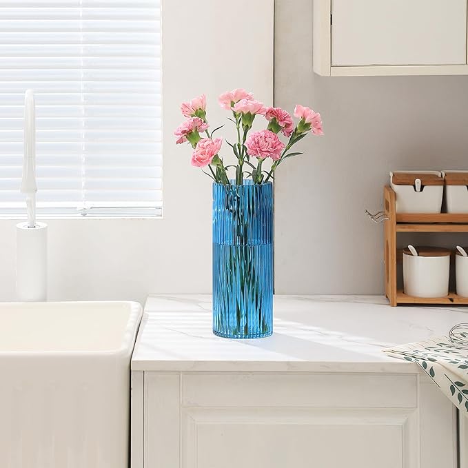 Blue Glass Vase, Glass Flower Vase, Ribbed Glass Vases, Blue Vase, Tall Cylinder Vases for Centerpieces, Living Room, Bedroom, Dining Table, Office, Wedding, Bookshelf Decoration, 10 Inches